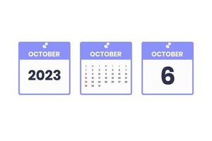 October calendar design. October 6 2023 calendar icon for schedule, appointment, important date concept vector