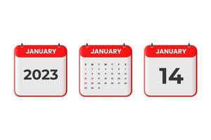 January 2023 calendar design. 14th January 2023 calendar icon for schedule, appointment, important date concept vector