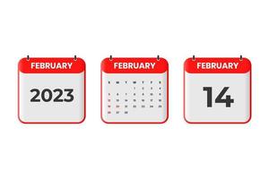 February 2023 calendar design. 14th February 2023 calendar icon for schedule, appointment, important date concept vector