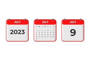 July 2023 calendar design. 9th July 2023 calendar icon for schedule, appointment, important date concept vector