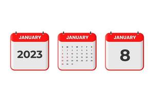 January 2023 calendar design. 8th January 2023 calendar icon for schedule, appointment, important date concept vector