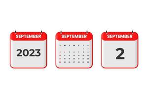 September 2023 calendar design. 2nd September 2023 calendar icon for schedule, appointment, important date concept vector