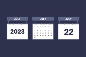 22 July 2023 calendar icon for schedule, appointment, important date concept vector