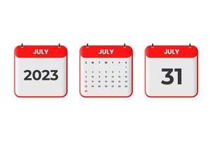 July 2023 calendar design. 31st July 2023 calendar icon for schedule, appointment, important date concept vector