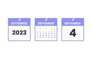 September calendar design. September 4 2023 calendar icon for schedule, appointment, important date concept vector