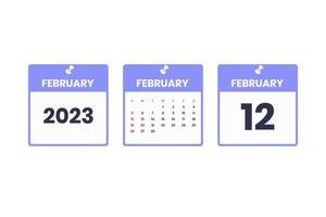 February calendar design. February 12 2023 calendar icon for schedule, appointment, important date concept vector