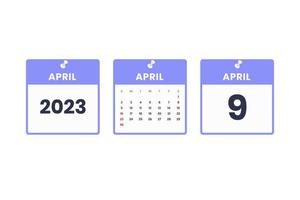 April calendar design. April 9 2023 calendar icon for schedule, appointment, important date concept vector