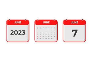 Diseño de calendario de junio de 2023. 7 de junio de 2023 icono de calendario para horario, cita, concepto de fecha importante vector