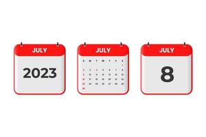 July 2023 calendar design. 8th July 2023 calendar icon for schedule, appointment, important date concept vector