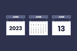 13 de junio de 2023 icono de calendario para horario, cita, concepto de fecha importante vector