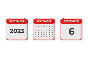 September 2023 calendar design. 6th September 2023 calendar icon for schedule, appointment, important date concept vector