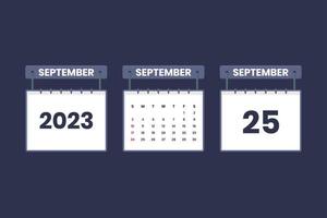 25 de septiembre de 2023 icono de calendario para horario, cita, concepto de fecha importante vector