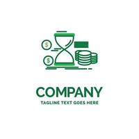 Hourglass. management. money. time. coins Flat Business Logo template. Creative Green Brand Name Design. vector