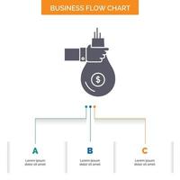 Bag. finance. give. investment. money. offer Business Flow Chart Design with 3 Steps. Glyph Icon For Presentation Background Template Place for text. vector