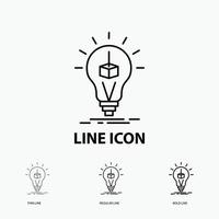 3d Cube. idea. bulb. printing. box Icon in Thin. Regular and Bold Line Style. Vector illustration