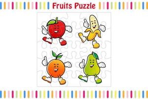 juego de rompecabezas de frutas para niños, página de actividad de la hoja de trabajo de color de piezas de sierra, ilustración vectorial aislada, estilo de dibujos animados de mascota vector