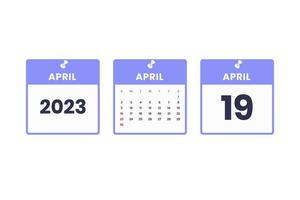 diseño de calendario de abril. 19 de abril de 2023 icono de calendario para horario, cita, concepto de fecha importante vector