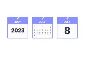 July calendar design. July 8 2023 calendar icon for schedule, appointment, important date concept vector