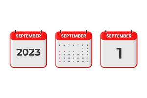 September 2023 calendar design. 1st September 2023 calendar icon for schedule, appointment, important date concept vector