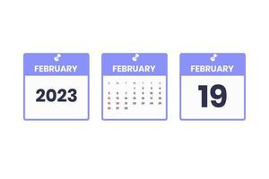 February calendar design. February 19 2023 calendar icon for schedule, appointment, important date concept vector