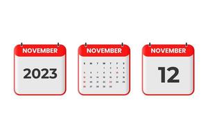 November 2023 calendar design. 12th November 2023 calendar icon for schedule, appointment, important date concept vector