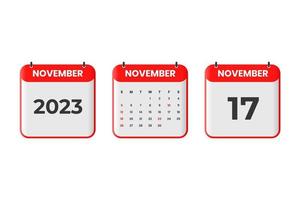 November 2023 calendar design. 17th November 2023 calendar icon for schedule, appointment, important date concept vector