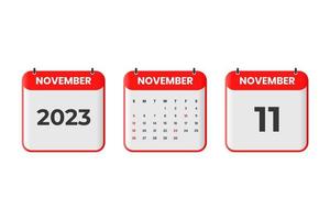 November 2023 calendar design. 11th November 2023 calendar icon for schedule, appointment, important date concept vector