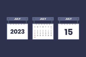 15 de julio de 2023 icono de calendario para horario, cita, concepto de fecha importante vector