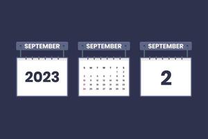 2 de septiembre de 2023 icono de calendario para horario, cita, concepto de fecha importante vector