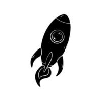 Rocket silhouette in simple style, vector illustration. Icon space for print and design. Sketch spaceship hand drawn, isolated element on a white background. Concept symbol to launch startup and idea