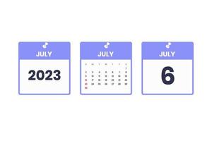 July calendar design. July 6 2023 calendar icon for schedule, appointment, important date concept vector