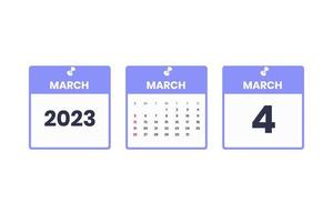 March calendar design. March 4 2023 calendar icon for schedule, appointment, important date concept vector