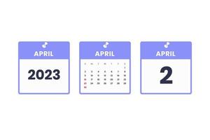 diseño de calendario de abril. 2 de abril de 2023 icono de calendario para horario, cita, concepto de fecha importante vector