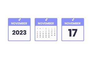 November calendar design. November 17 2023 calendar icon for schedule, appointment, important date concept vector