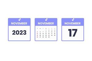 November calendar design. November 17 2023 calendar icon for schedule, appointment, important date concept vector