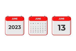 Diseño de calendario de junio de 2023. 13 de junio de 2023 icono de calendario para horario, cita, concepto de fecha importante vector