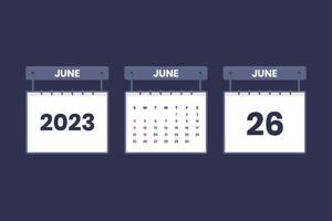 26 de junio de 2023 icono de calendario para horario, cita, concepto de fecha importante vector