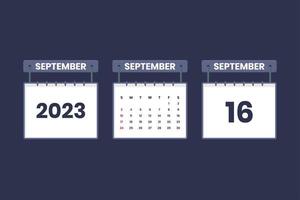 16 de septiembre de 2023 icono de calendario para horario, cita, concepto de fecha importante vector