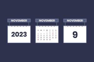 9 de noviembre de 2023 icono de calendario para horario, cita, concepto de fecha importante vector