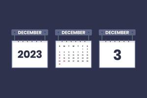 3 de diciembre de 2023 icono de calendario para horario, cita, concepto de fecha importante vector