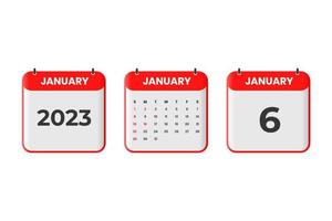 January 2023 calendar design. 6th January 2023 calendar icon for schedule, appointment, important date concept vector