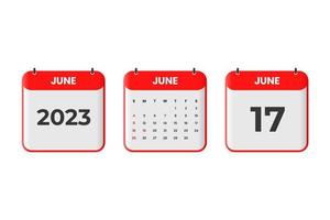 Diseño de calendario de junio de 2023. 17 de junio de 2023 icono de calendario para horario, cita, concepto de fecha importante vector