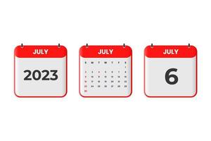 July 2023 calendar design. 6th July 2023 calendar icon for schedule, appointment, important date concept vector