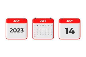 July 2023 calendar design. 14th July 2023 calendar icon for schedule, appointment, important date concept vector