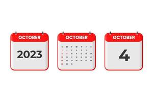 October 2023 calendar design. 4th October 2023 calendar icon for schedule, appointment, important date concept vector