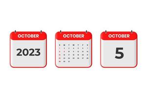 October 2023 calendar design. 5th October 2023 calendar icon for schedule, appointment, important date concept vector