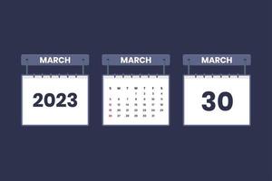 30 de marzo de 2023 icono de calendario para horario, cita, concepto de fecha importante vector