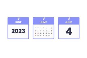 June calendar design. June 4 2023 calendar icon for schedule, appointment, important date concept vector