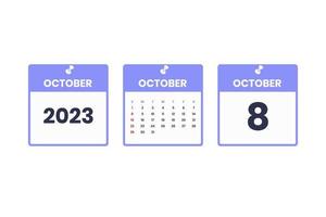 October calendar design. October 8 2023 calendar icon for schedule, appointment, important date concept vector