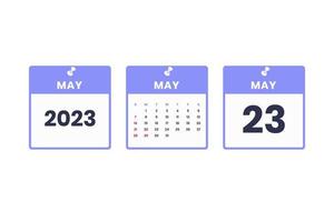 diseño de calendario de mayo. 23 de mayo de 2023 icono de calendario para horario, cita, concepto de fecha importante vector